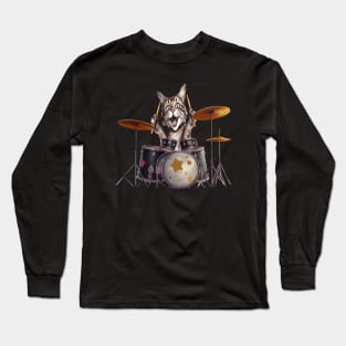 Funny Cat Playing the  Drums Long Sleeve T-Shirt